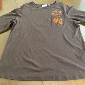 Quacker Factory Shirt Women's 1X Brown Embroidery Floral 3/4‎ Sleeve Pullover